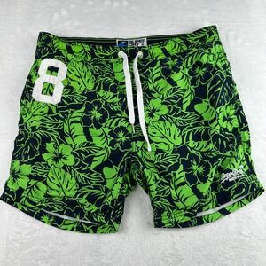 Superdry Mens L Swim Trunks Green Black Tropical Floral Board Shorts 8 Patch